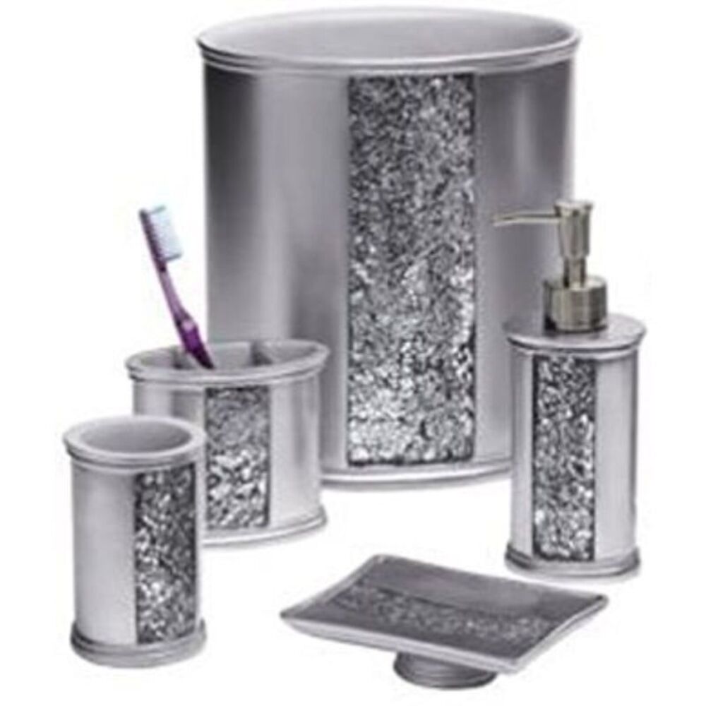 Popular Bath Sinatra Silver Bath Accessories- Waste Basket, Lotion Pump,